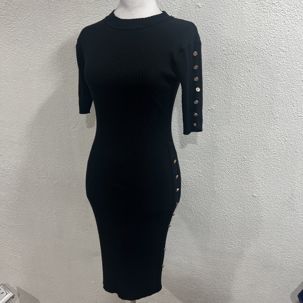 Say What Black Knit Dress With Crew Neck Button On Side Sleeves Size L Stretch